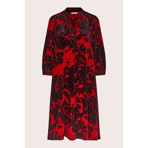 Masai Dresses & Skirts - Masai Red Black Floral Velvet Midi Dress Long Sleeve Boho Chic Scandinavian‎ L